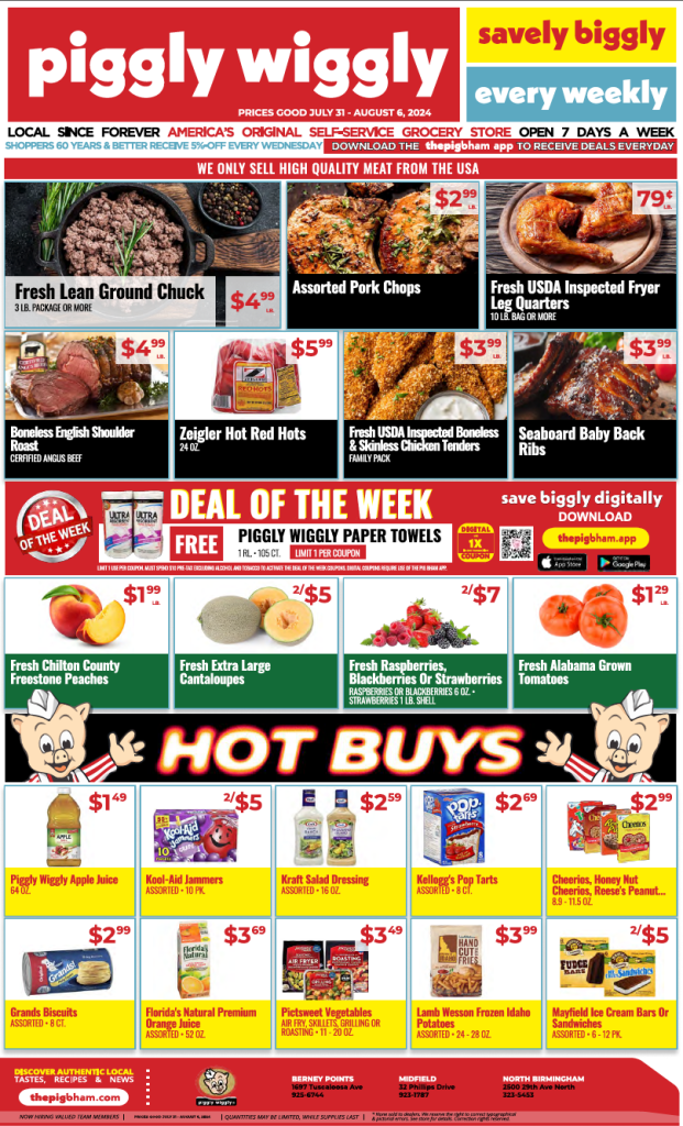 Piggly Wiggly weekly ad for July 31 to August 6, 2024, featuring fresh meat specials, produce deals, and hot buys in Birmingham locations.